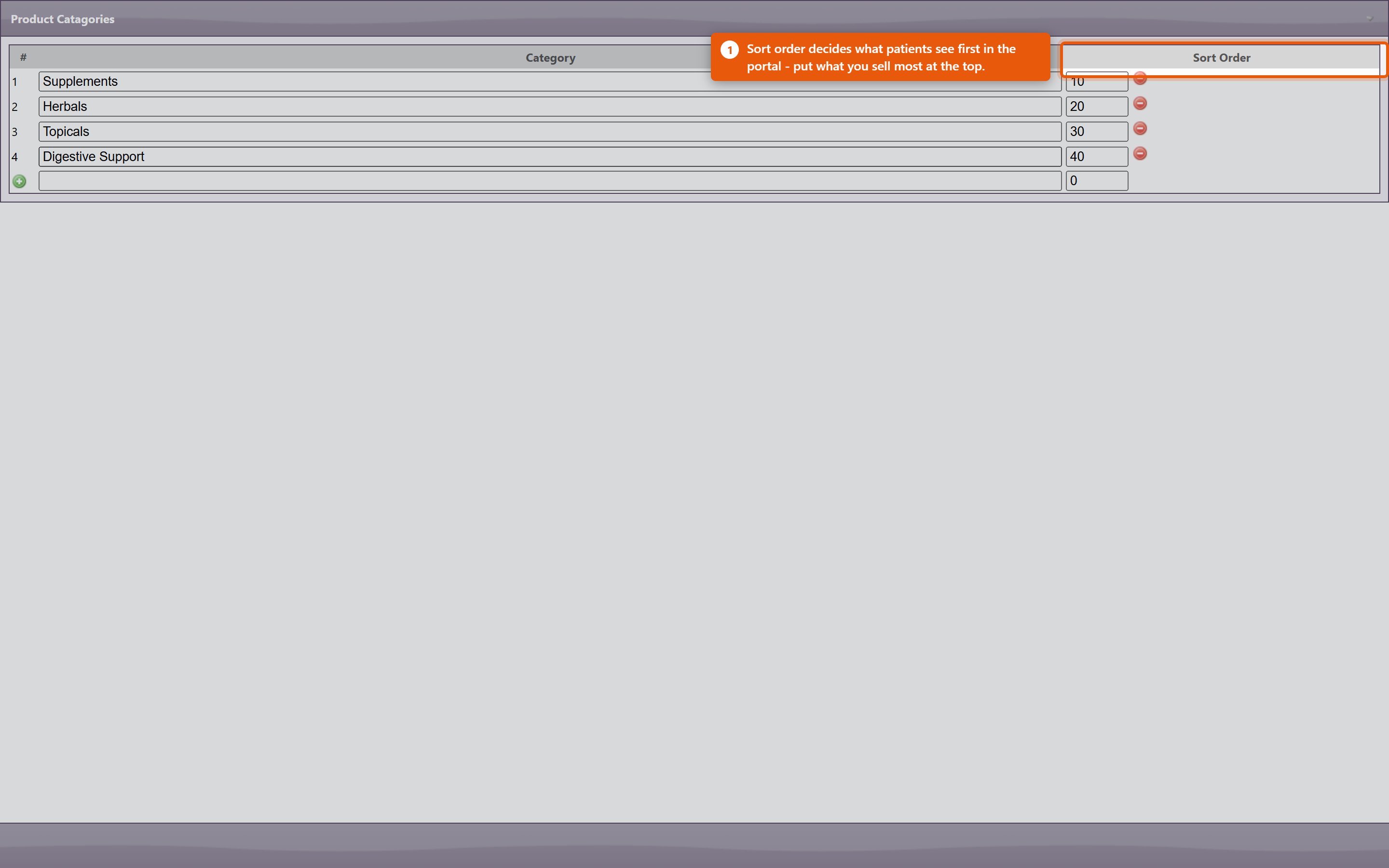 Product categories, each with a description and a sort order controlling the order patients see them in.