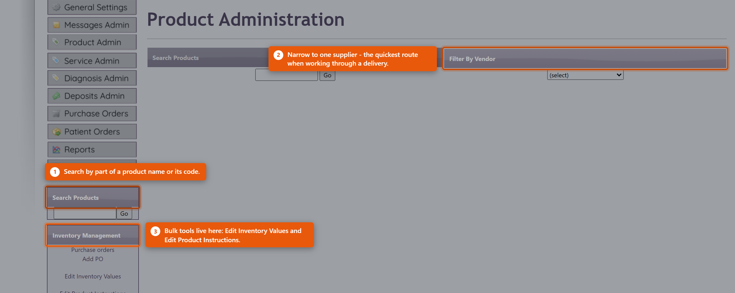 Product Administration, showing Search Products, Filter By Vendor and the Inventory Management panel.