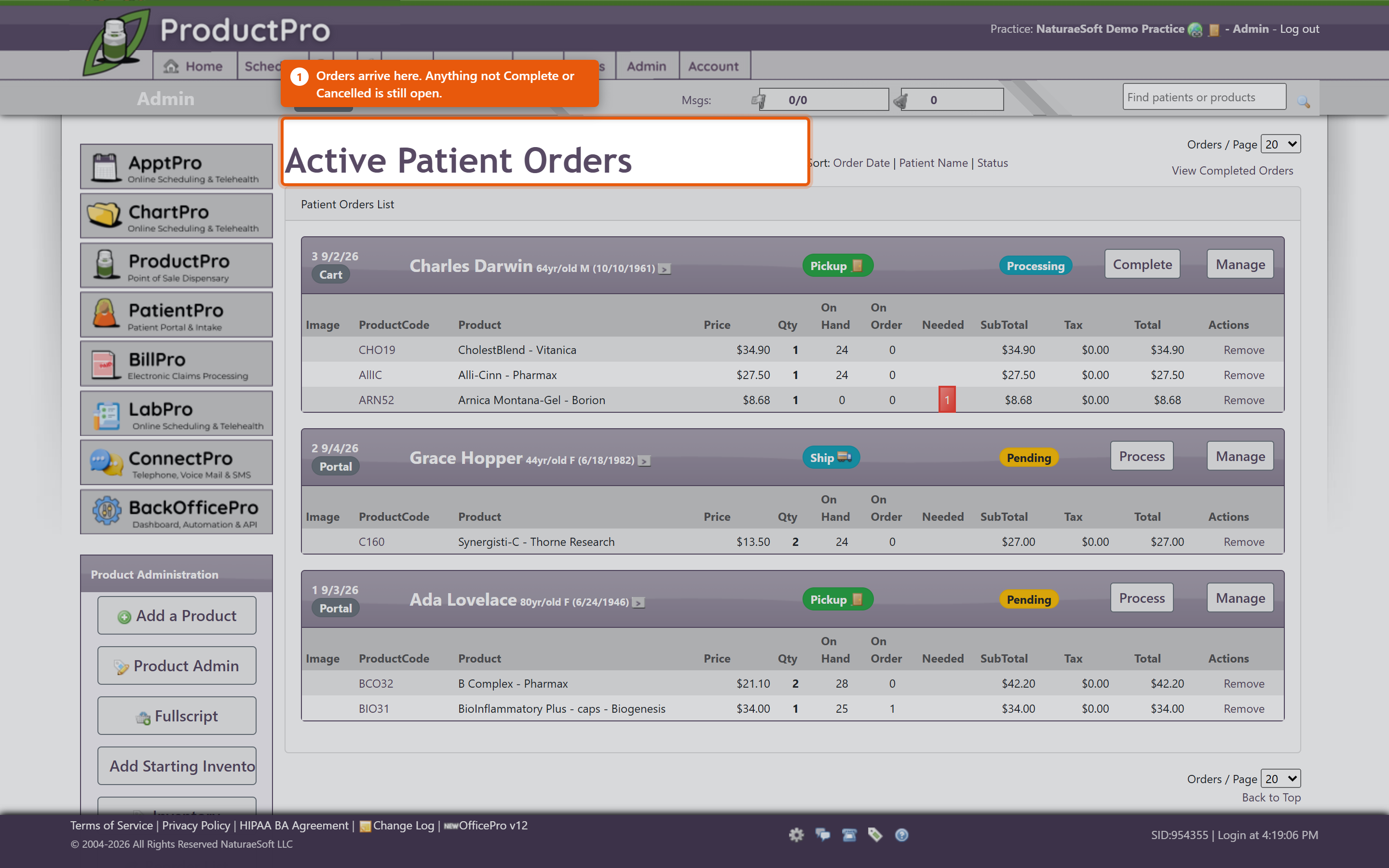 Active Patient Orders, listing each open order with its patient, source and delivery method.