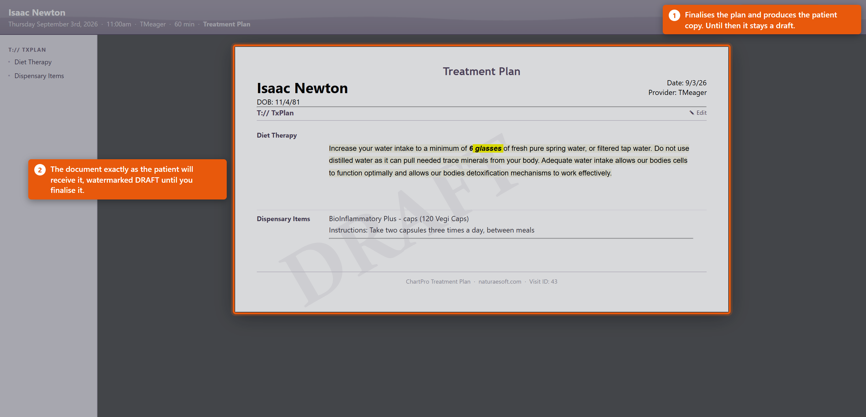 A treatment plan in ChartPro, showing the document as the patient receives it, watermarked DRAFT, with the Save and Document button.