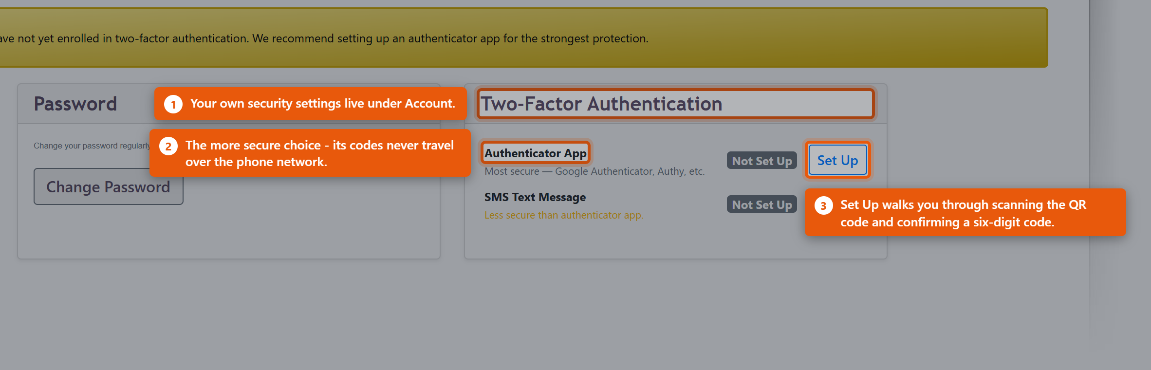 Account Security Settings, showing the Two-Factor Authentication panel with Authenticator App and SMS Text Message, each with a Set Up button.