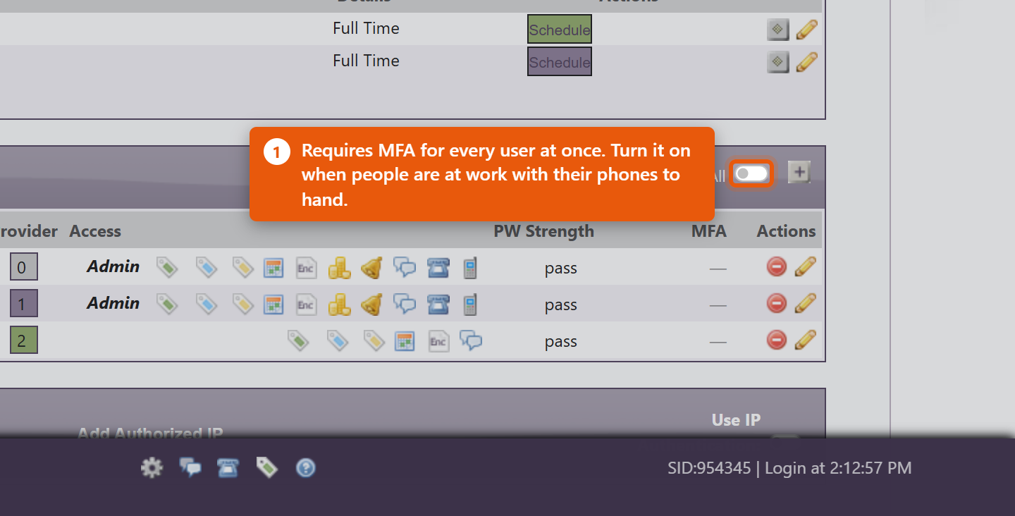 The Require MFA for All Users switch at the top of the Users list on the Admin page.