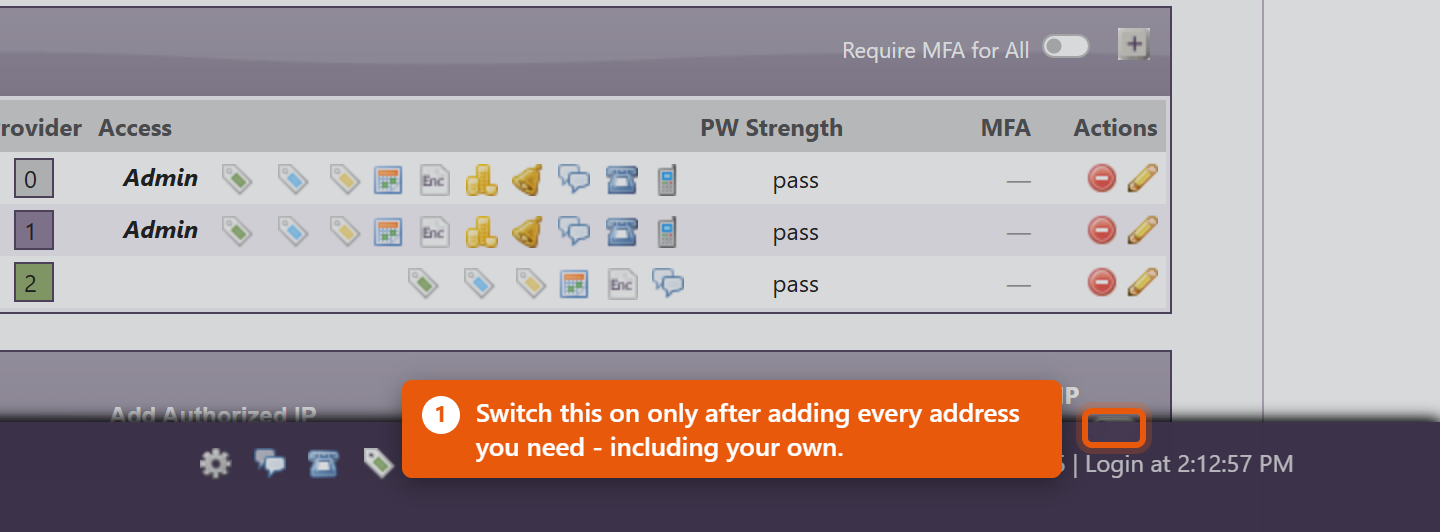 The Authorized IPs section on the Admin page, with the Use IP Authentication switch.