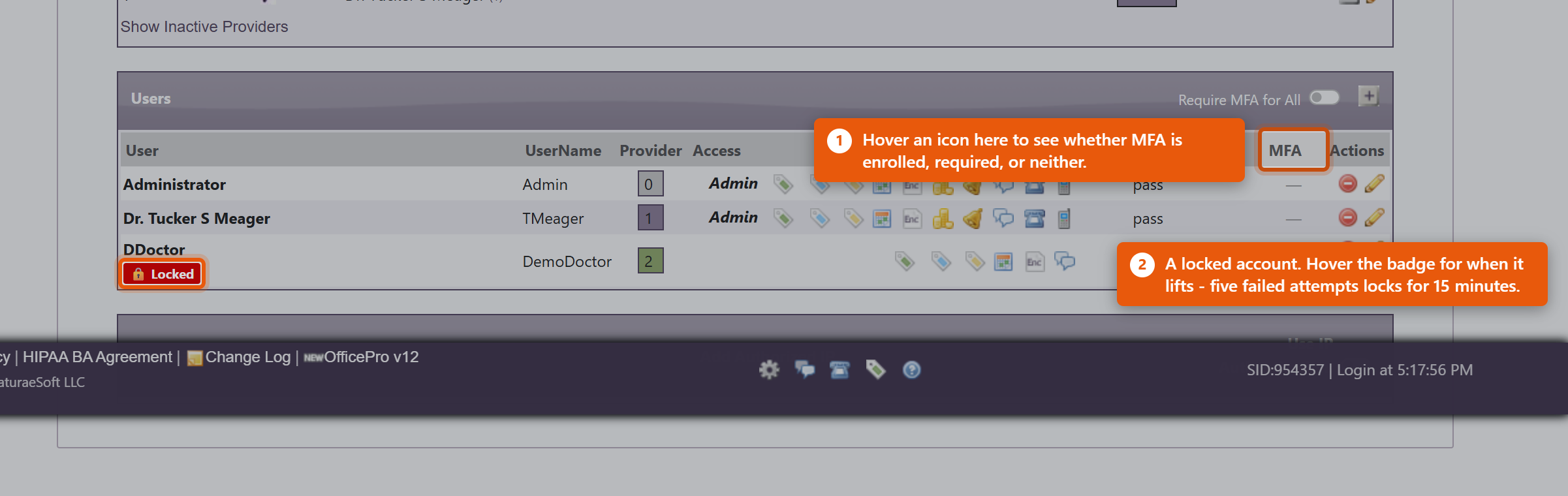 The Users list on the Admin page, showing the MFA column, the Require MFA for All switch, and an account carrying a red Locked badge.