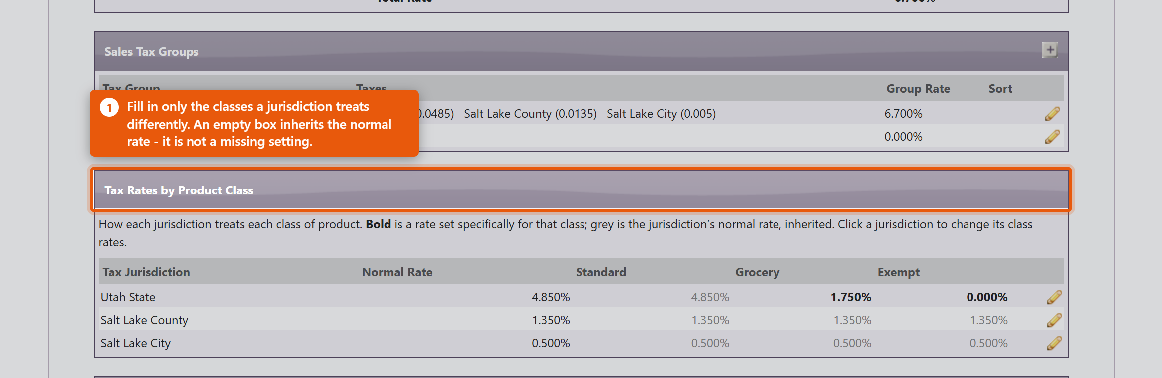 Tax Rates by Product Class. Utah State shows bold rates for Grocery and Exempt; Salt Lake County and City show grey inherited rates for every class.