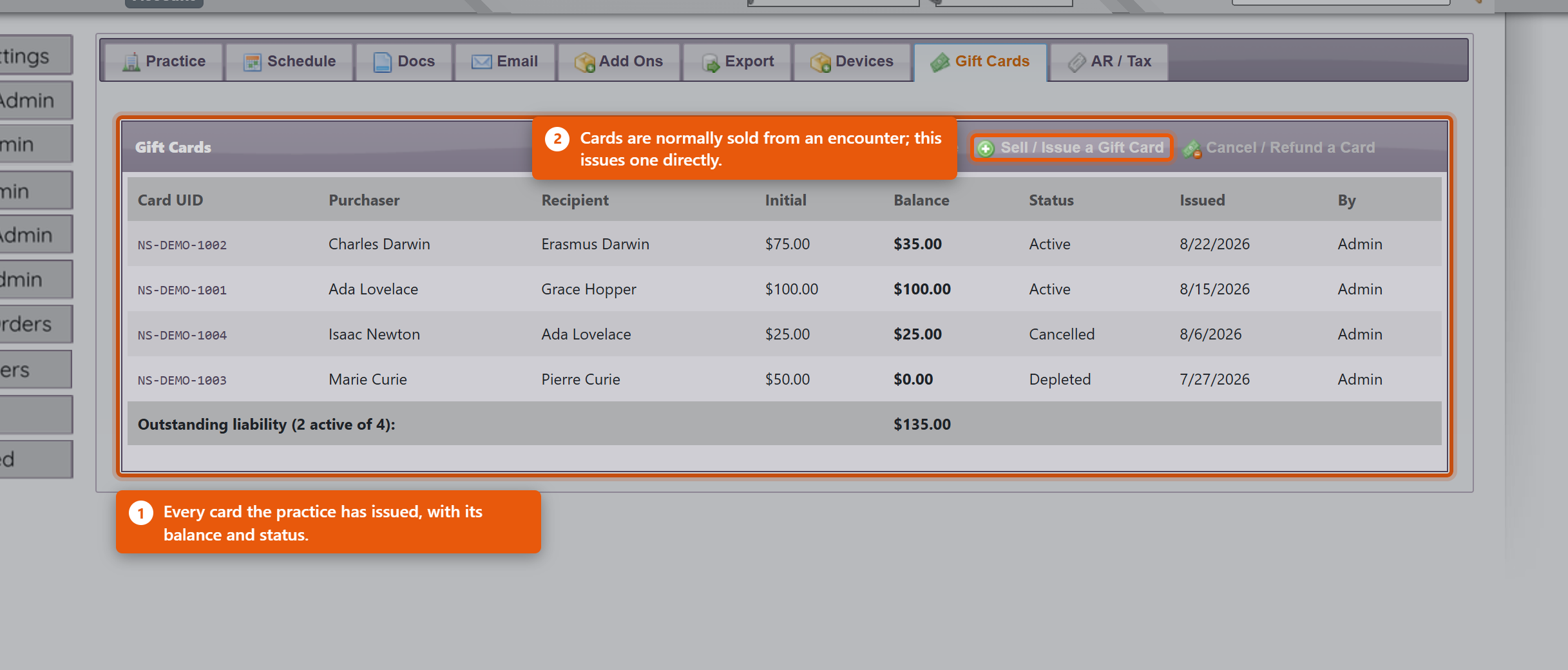 The Gift Cards section on the Admin page, listing each card with its balance and status.