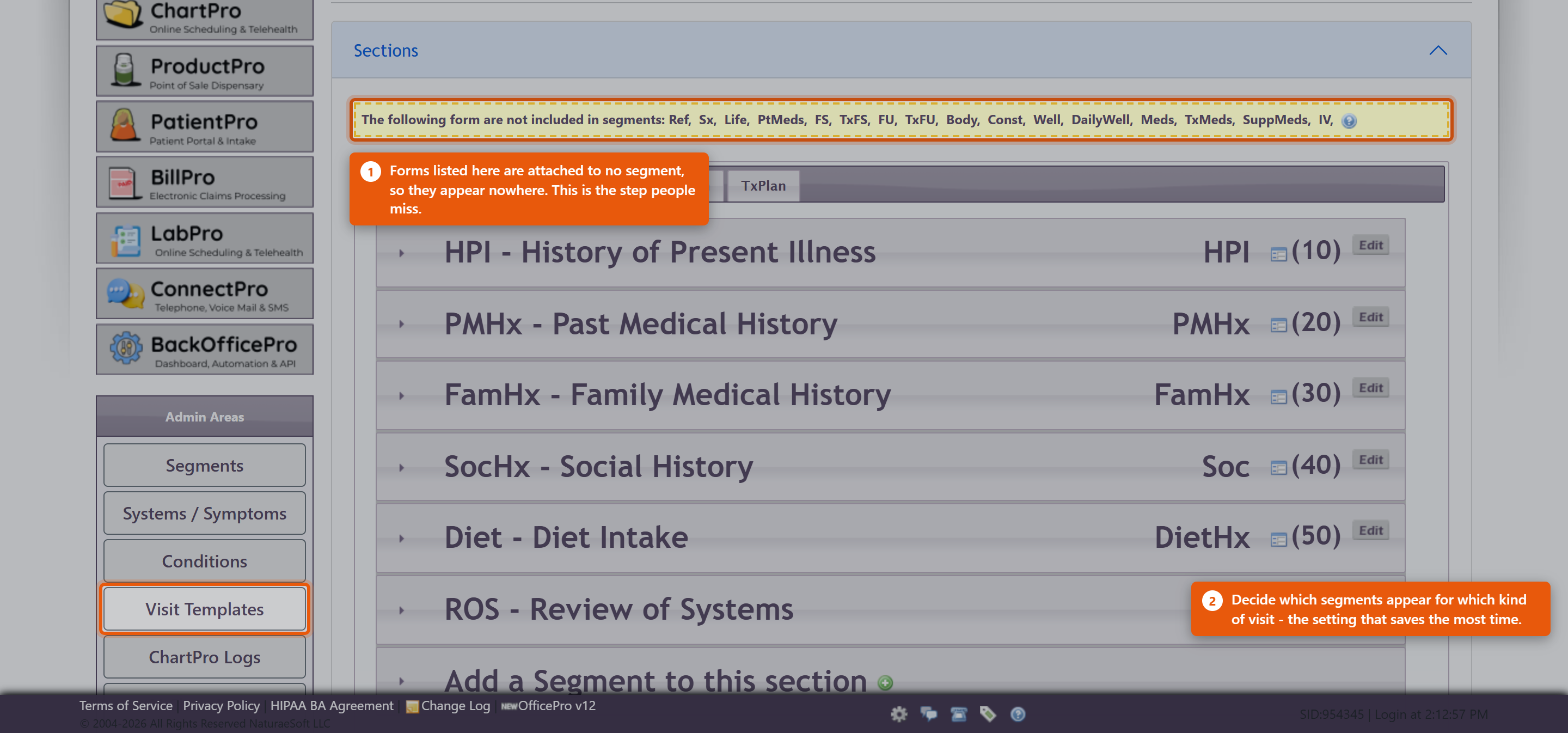 ChartPro Administration, showing the warning listing forms not included in any segment, the Sections tabs, and the Admin Areas panel.
