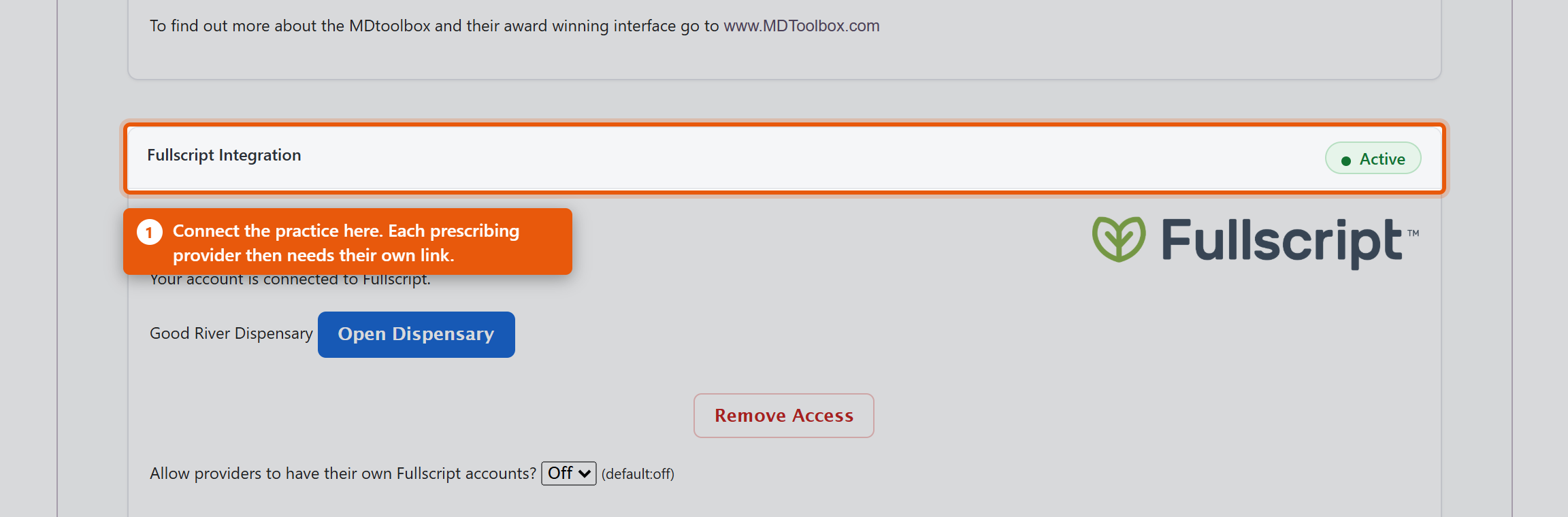 The Fullscript Integration panel under Add-Ons and Integrations on the Admin page.