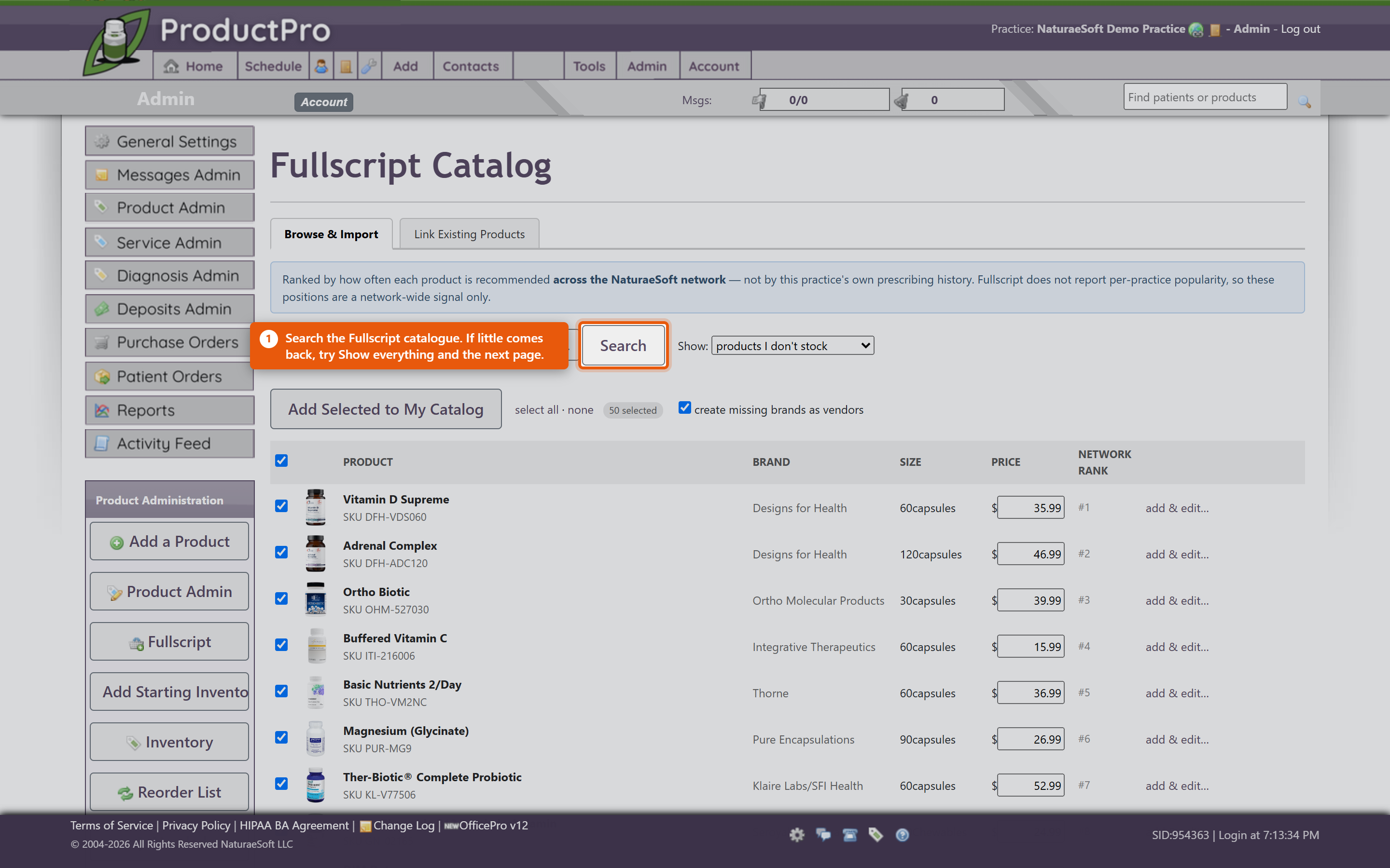 The Fullscript Catalog, showing the Browse and Import tab, the Show filter, Add Selected to My Catalog, and products with brand, size, price and network rank.