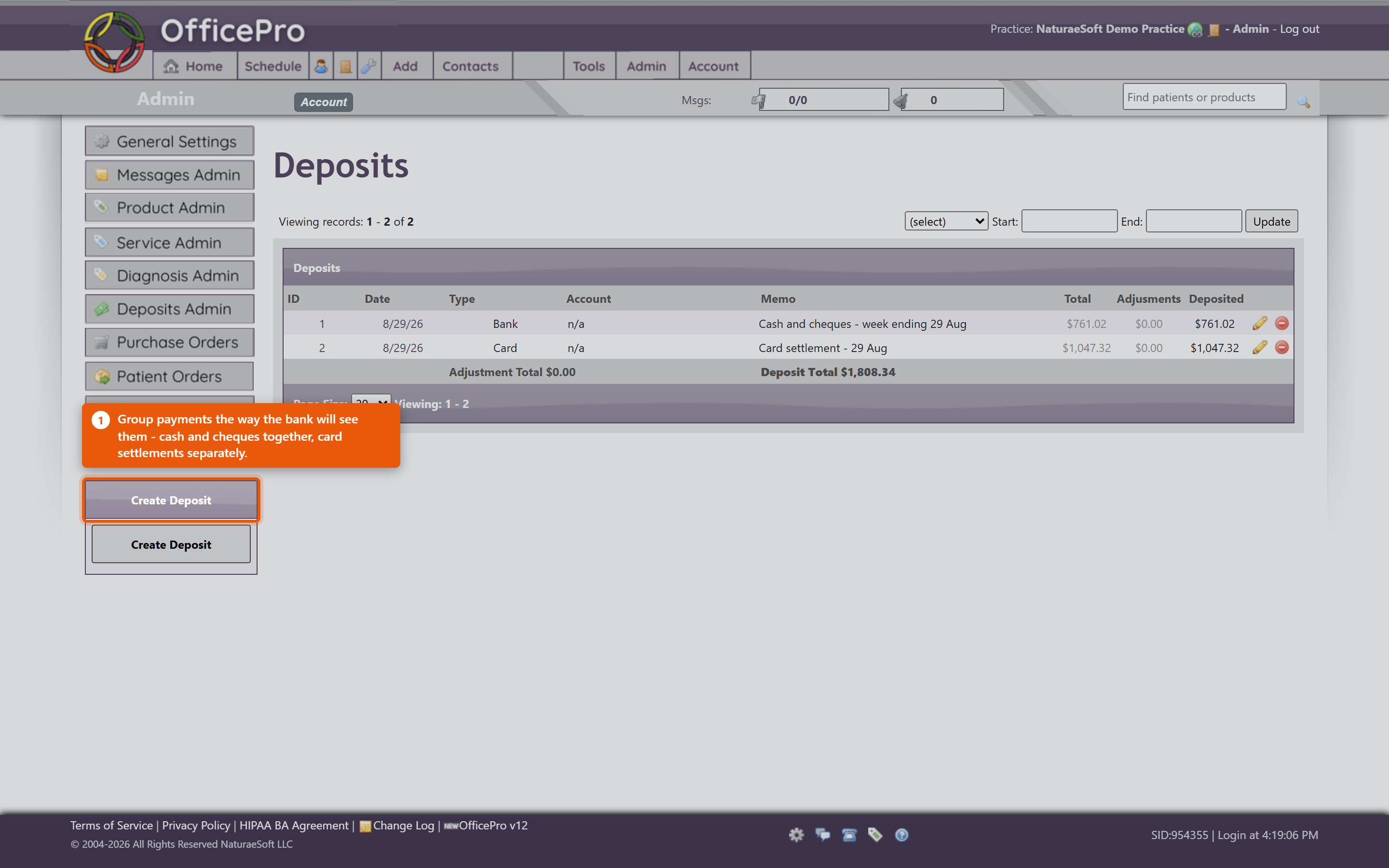 The Deposits list, showing a cash and cheque deposit and a card settlement banked separately, each with its total.